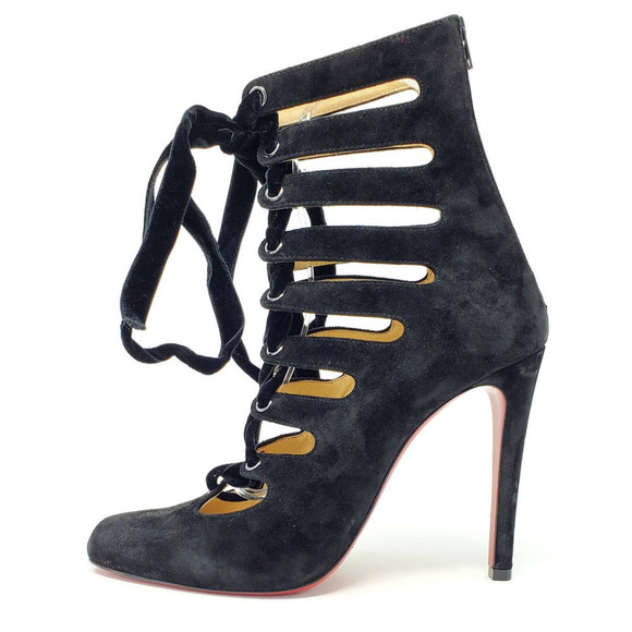 Christian‎ Louboutin Heels Black Suede Lace Up Cutout Heeled Ankle Boots EU 39 - Picture 1 of 8